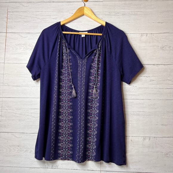 J Jill Blouse Womens Size 1X Blue Bohemian Tassels Comfort Cotton Blend - Picture 1 of 15